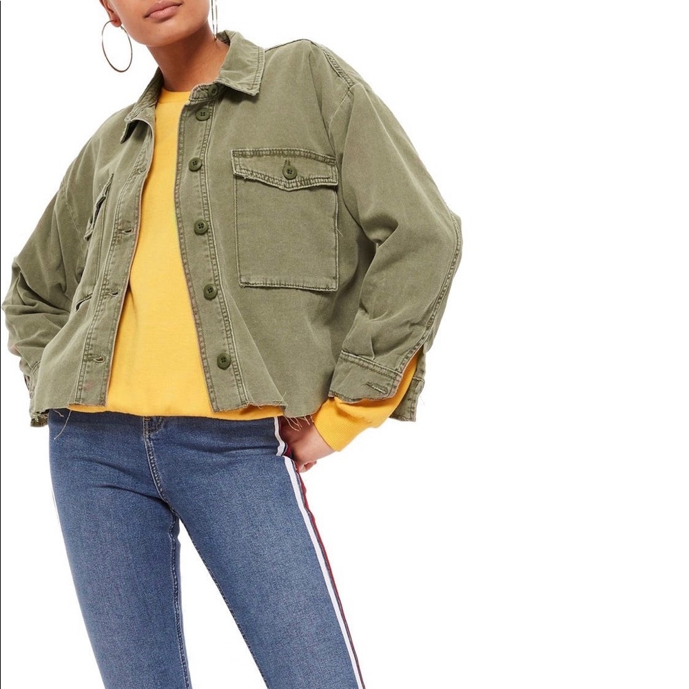 TOPSHOP Sonny raw hem military green crop shacket small